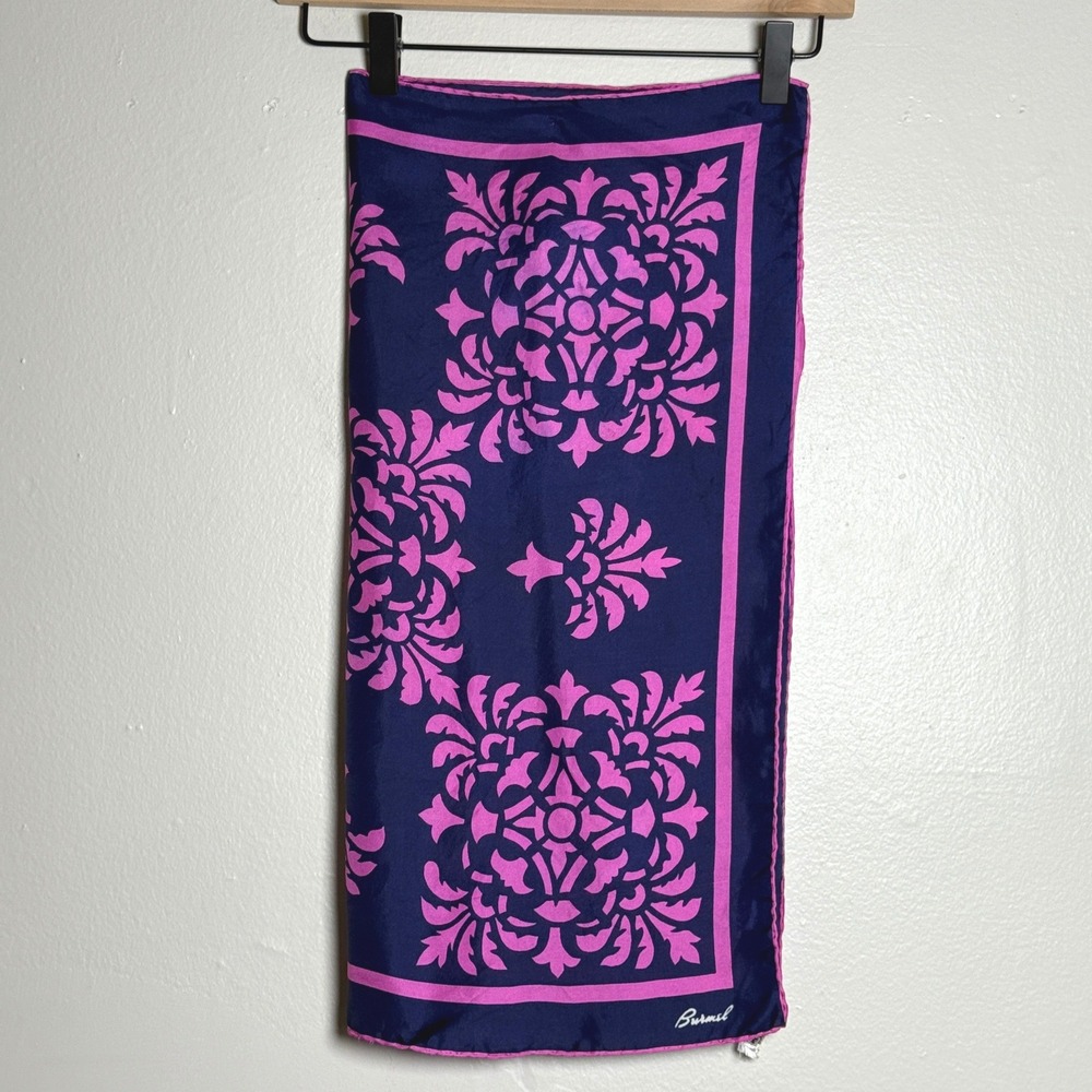 Burmel Silk Scarf Purple‎ Blue Floral Square Made in Japan